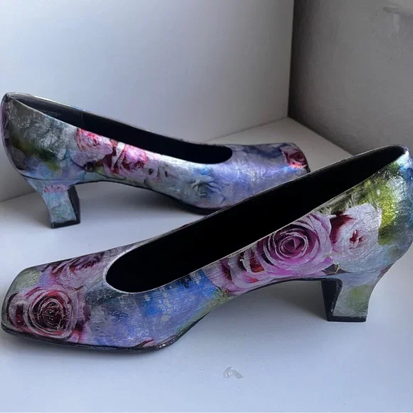 Unique custom foil pastel floral leather block heels size 8.5